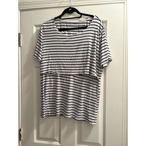 Small Show Women's Short Sleeve White/Blue Striped Cotton  Nursing T-Shirt XXL